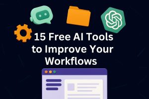 Illustration of free AI tools represented by icons like a chatbot, calendar, and graph, floating above a clean digital workspace. The scene highlights productivity, simplicity, and smart workflows.