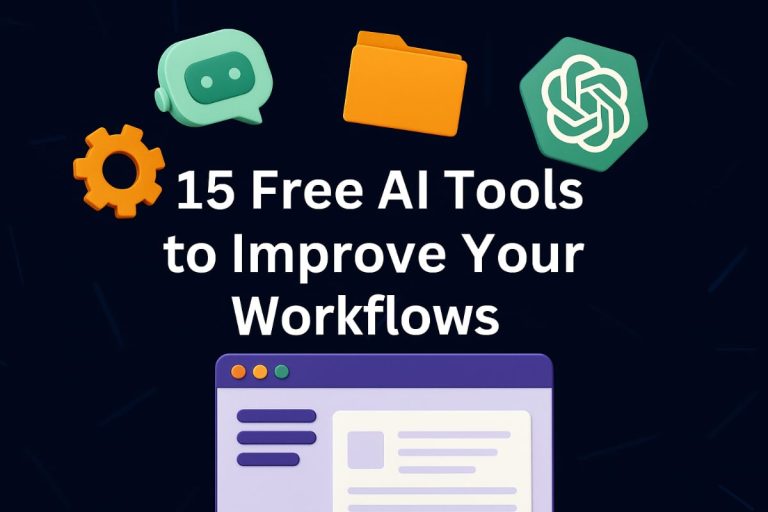 Illustration of free AI tools represented by icons like a chatbot, calendar, and graph, floating above a clean digital workspace. The scene highlights productivity, simplicity, and smart workflows.