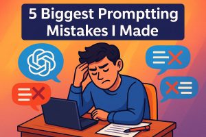 Illustration of a frustrated person surrounded by AI errors, used as the blog cover for a post about common ChatGPT prompting mistakes.