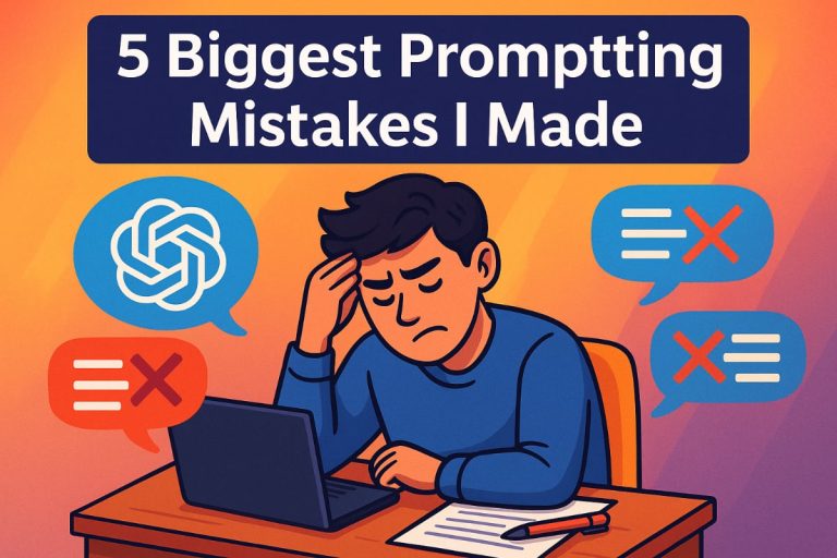 Illustration of a frustrated person surrounded by AI errors, used as the blog cover for a post about common ChatGPT prompting mistakes.