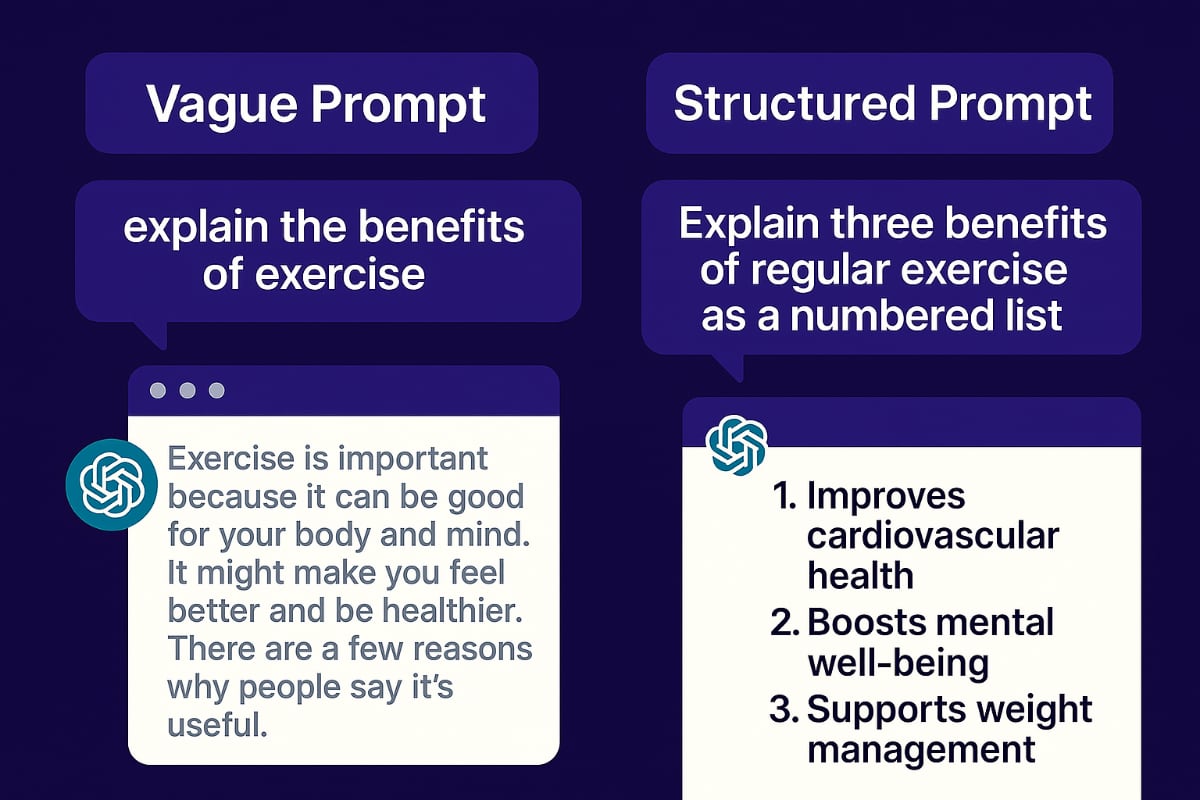 Comparison of two AI prompts and outputs: a vague prompt produces a generic response, while a structured prompt generates a clear, numbered list — demonstrating how to write better prompts for ChatGPT.