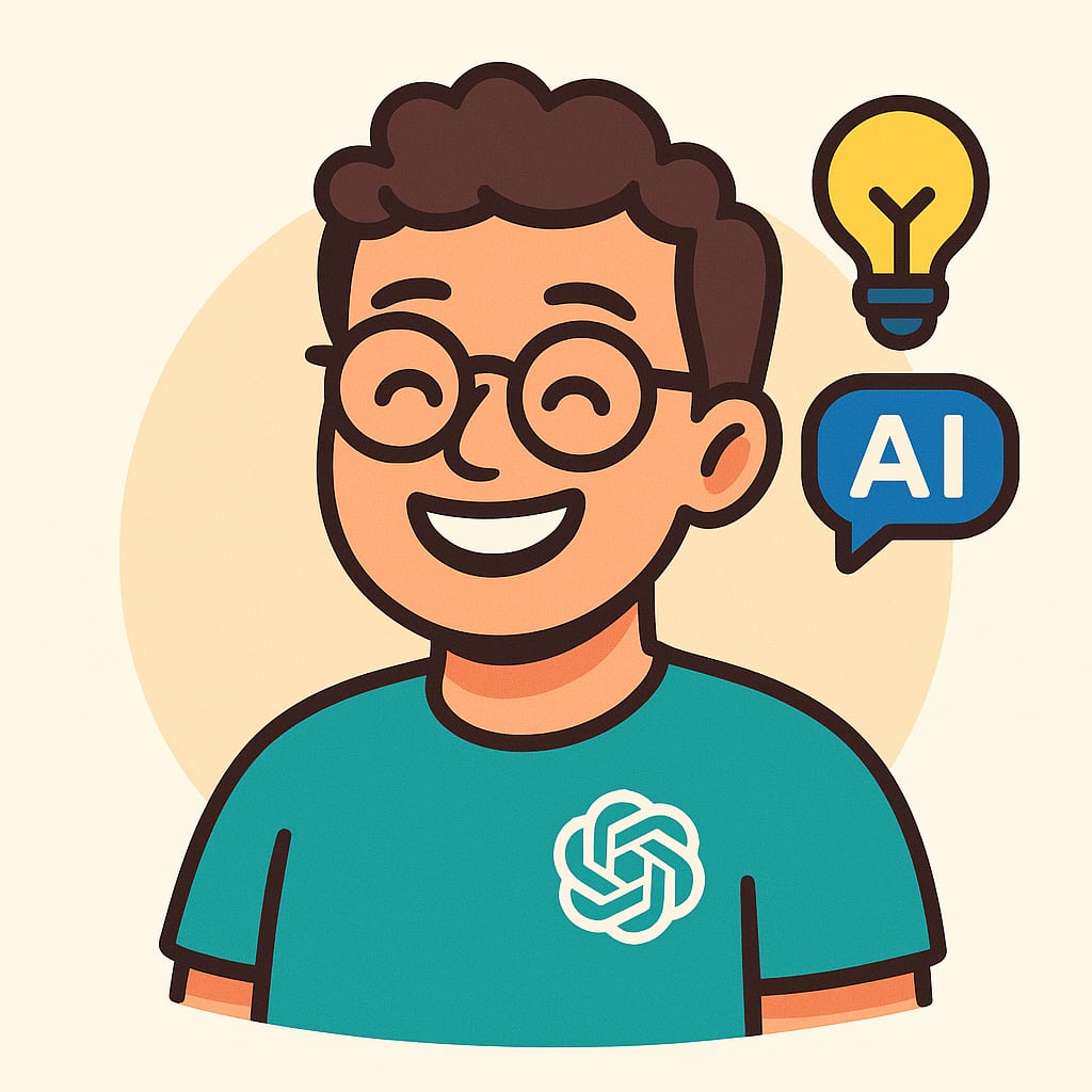 Alt text: Cartoon avatar of Michael Stables smiling, wearing a teal shirt with the OpenAI logo, next to an AI speech bubble and lightbulb icon — visual identity for GetPrompting.com