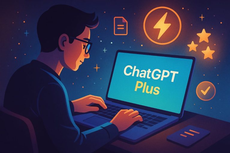 Illustration of a person using ChatGPT Plus surrounded by AI features, representing premium upgrade benefits.