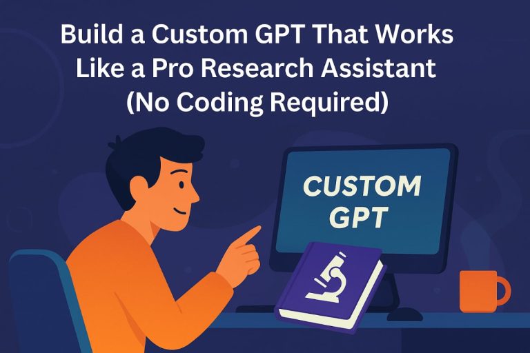 Illustration of a person creating a Custom GPT assistant using a laptop, with floating icons of documents, lightbulbs, and AI symbols. Friendly digital style with warm lighting.