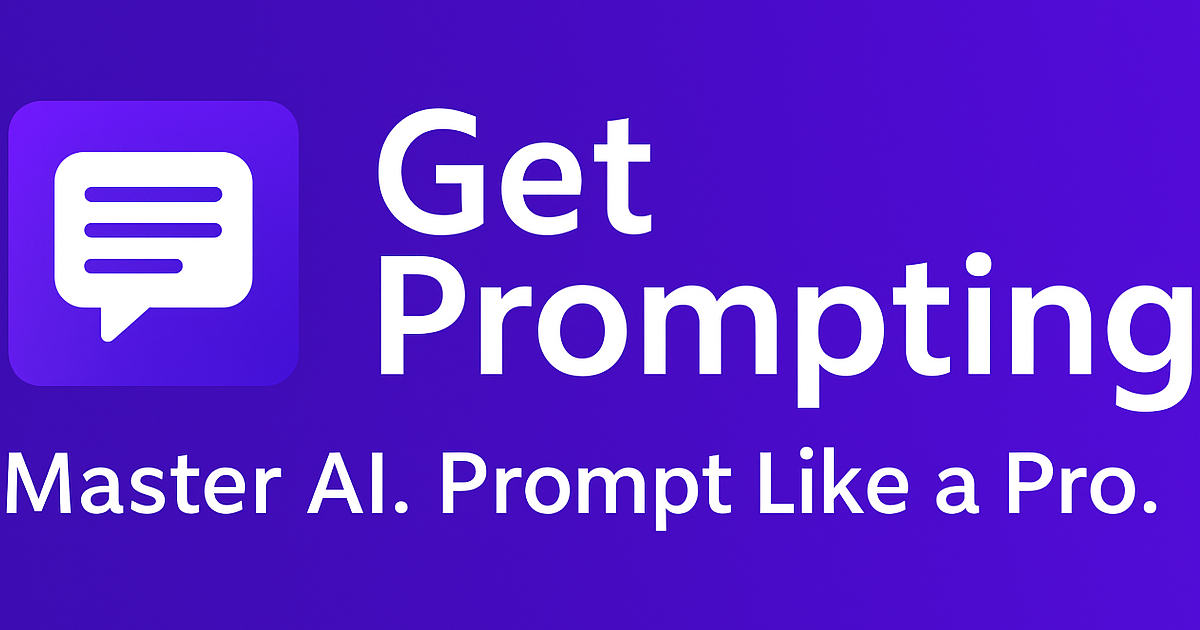 Logo for Get Prompting featuring a chat bubble icon and the tagline “Master AI. Prompt Like a Pro.” on a purple gradient background.
