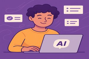 llustration of a smiling person using a laptop with an “AI” icon, surrounded by floating task cards. The background is purple, and the scene represents using AI to break down tasks and build momentum.