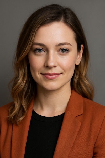 Headshot of Emily, a professional content creator in business casual attire, smiling confidently