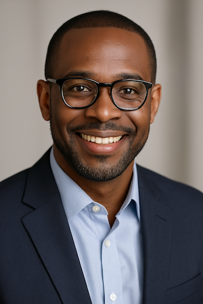 Headshot of Jordan, a friendly Black male freelancer in glasses and blazer, smiling against a neutral background