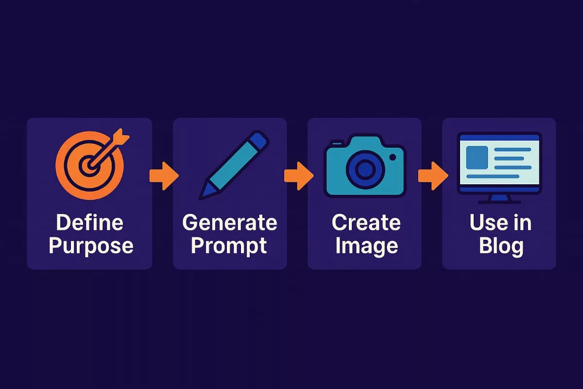 ChatGPT image generation workflow showing four steps: Define Purpose, Generate Prompt, Create Image, and Use in Blog, illustrated with colorful icons on a dark purple background.