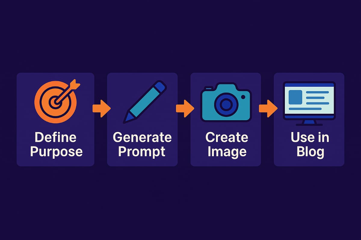 ChatGPT image generation workflow showing four steps: Define Purpose, Generate Prompt, Create Image, and Use in Blog, illustrated with colorful icons on a dark purple background.