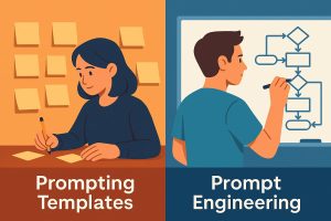 Split-screen illustration showing template-based AI prompting vs detailed prompt engineering.