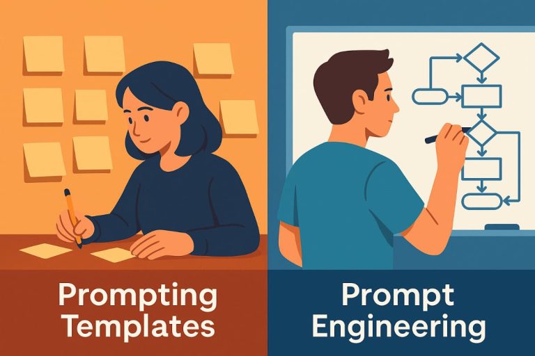 Split-screen illustration showing template-based AI prompting vs detailed prompt engineering.