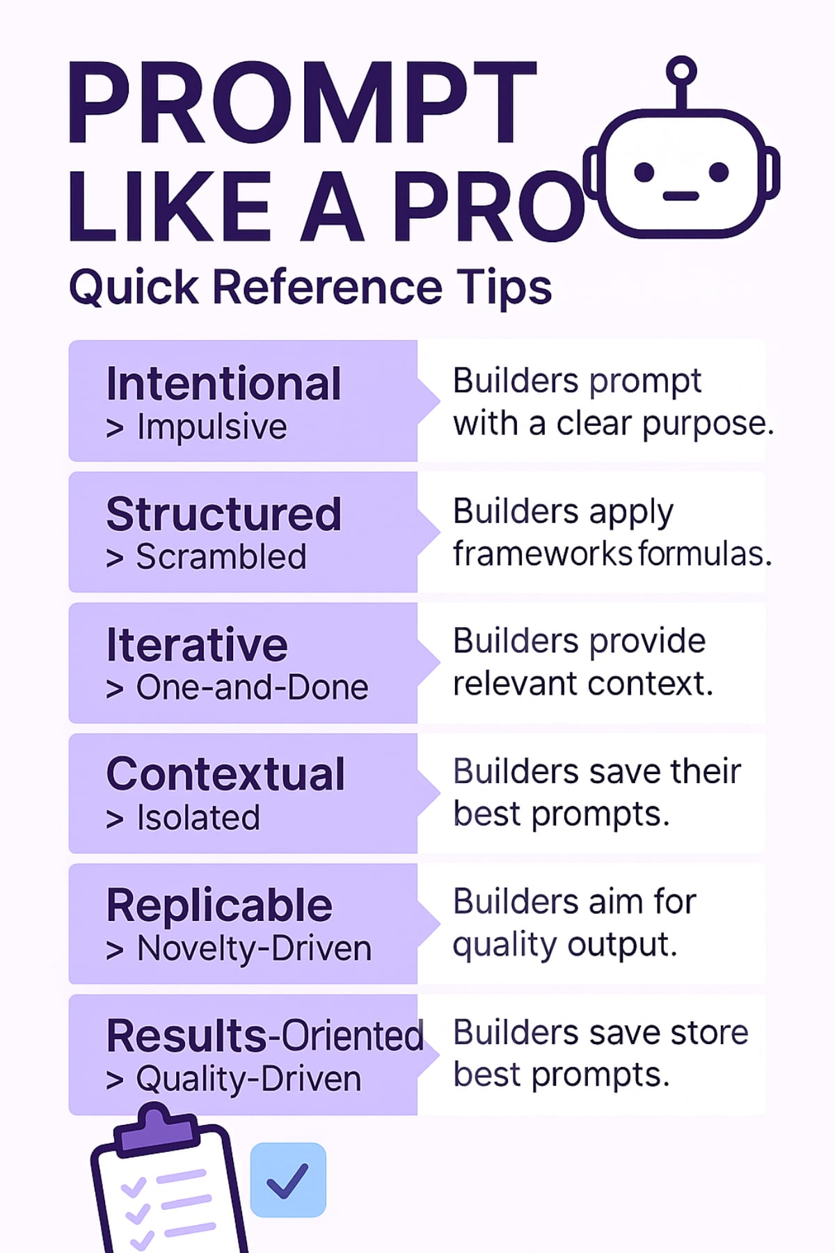 “Visual checklist summarizing key ChatGPT prompting tips, showing how pros structure prompts intentionally using proven frameworks, iterations, and prompt libraries