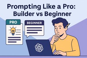 Flat-style illustration showing a man at a laptop comparing AI prompts labeled “PRO” and “BEGINNER,” representing key ChatGPT prompt tips and the difference between advanced and beginner prompting techniques.