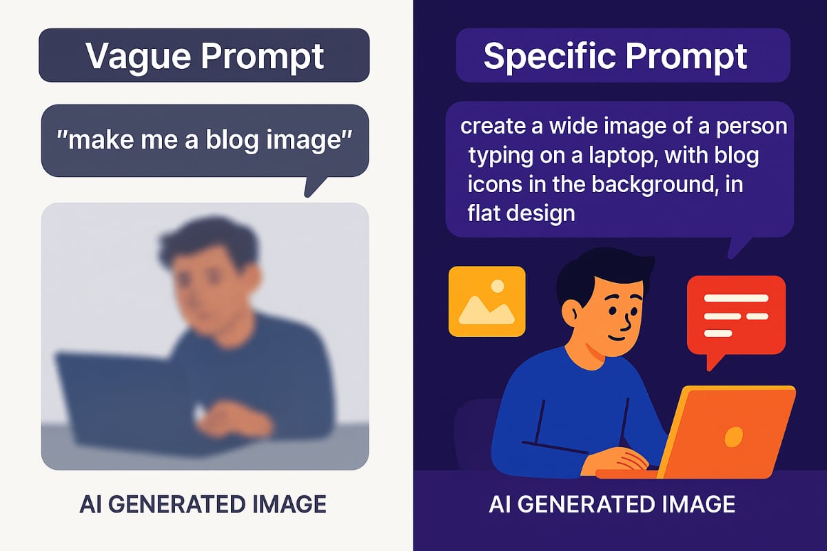 Side-by-side comparison of ChatGPT image generation results: left side displays a blurry, generic image from a vague prompt; right side showcases a sharp, on-brand illustration produced from a specific prompt, highlighting the impact of prompt clarity on AI-generated visuals